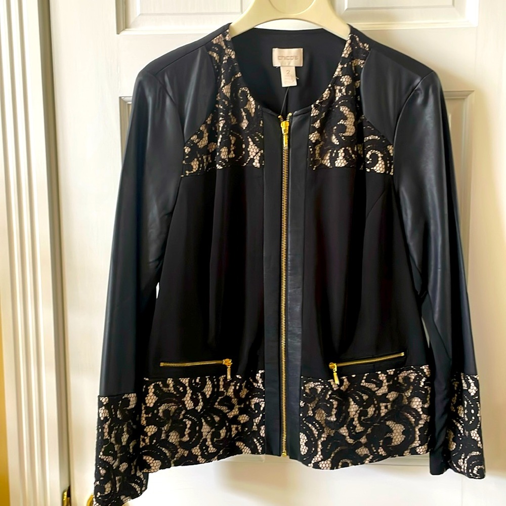 NWT Chico’s Size 2 Ponte Lace Mix Faux Leather LS Jacket with Zipper closure.